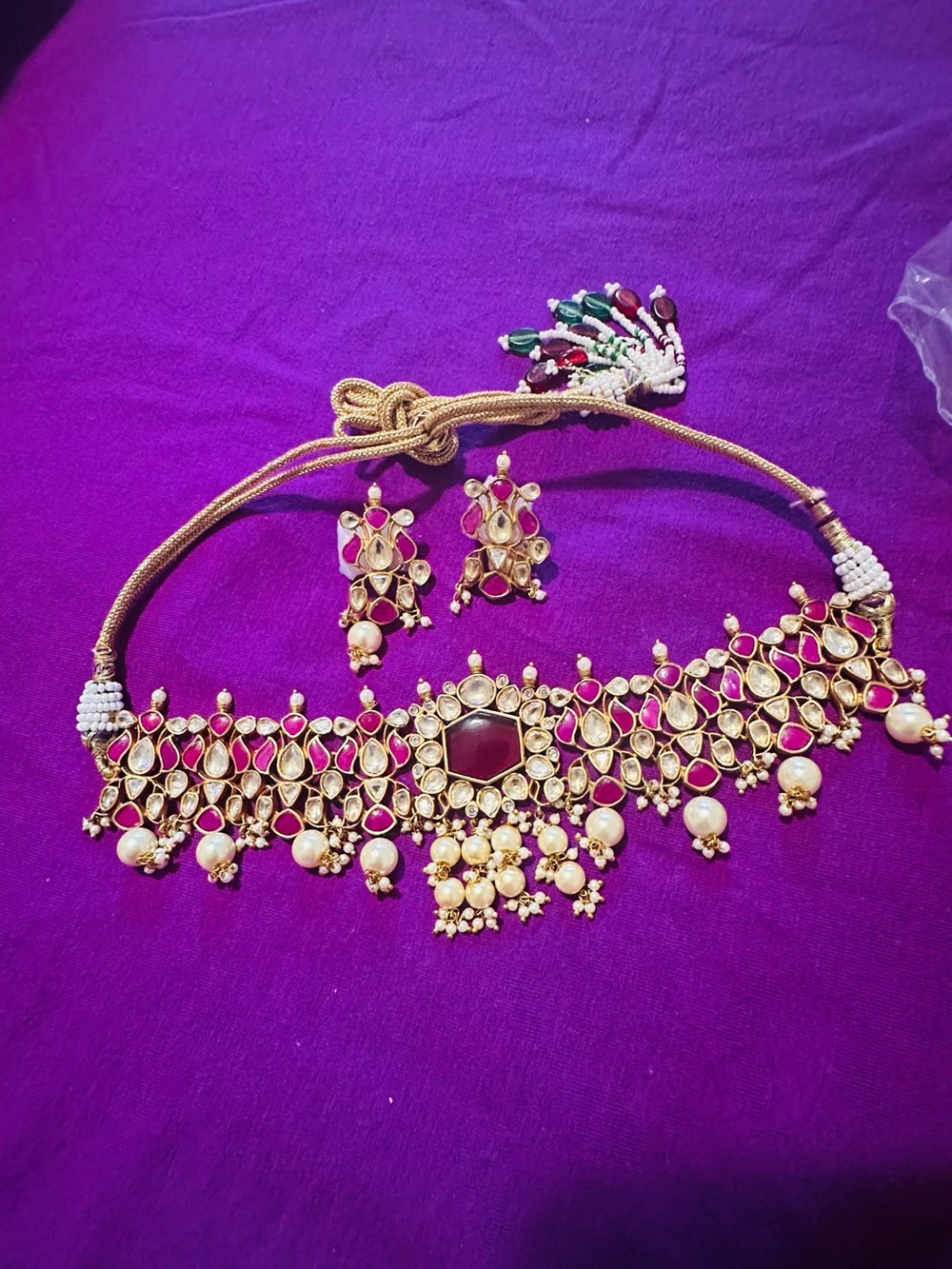 Gold-Tone Pink Kundan Choker Necklace with Pearl Drops and Matching Earrings